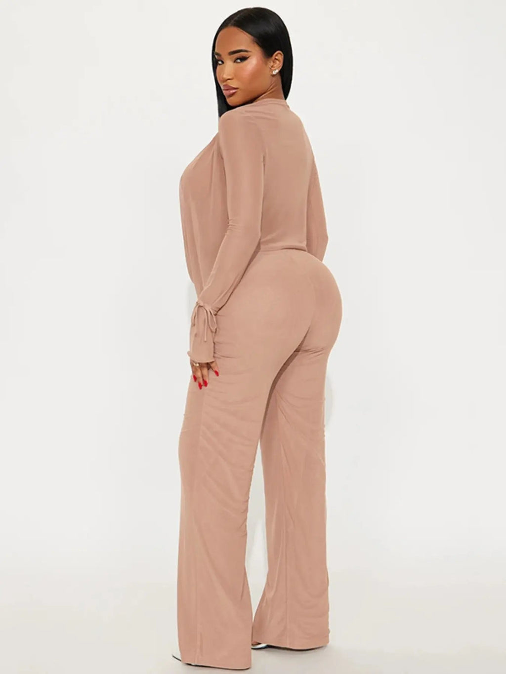 Women's Deep V Neck Blouse Set, Long Sleeve Crop Top & High Waisted Pants, Sexy Plain Design, Fall Winter Fashion