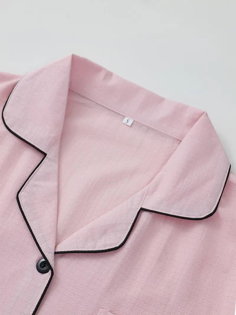 Women's Heart Embroidery Notch Collar Short-Sleeve Pocket Pajama Set, Casual Comfy Shirt & Shorts Sleepwear for All Seasons