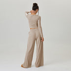 Women's Slouchy Square Neck Stripe Long Sleeve Crop Top & Low-Rise Wide Leg Trousers Co-ord, Minimalist Two Piece Outfits, Cozy Womenswear