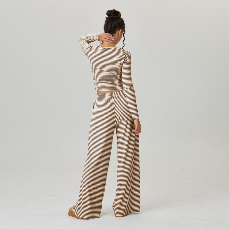 Women's Slouchy Square Neck Stripe Long Sleeve Crop Top & Low-Rise Wide Leg Trousers Co-ord, Minimalist Two Piece Outfits, Cozy Womenswear