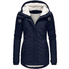 Winter Thickened Cotton Parka with Fleece Lining Hooded Warm Coat Mid-Length Women's Fitted Long Sleeve Outerwear Black Imitation Fur Tops for Casual Basic Minimalist Womenswear Elegance Style - Jackets