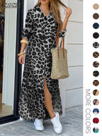 Women's Leopard Print Button Front Flap Pocket Shirt Fabric Dress, Casual Curved Hem Long Sleeve Collared Long Dress for Daily Wear, Ladies' Clothes for All Seasons, Womenswear