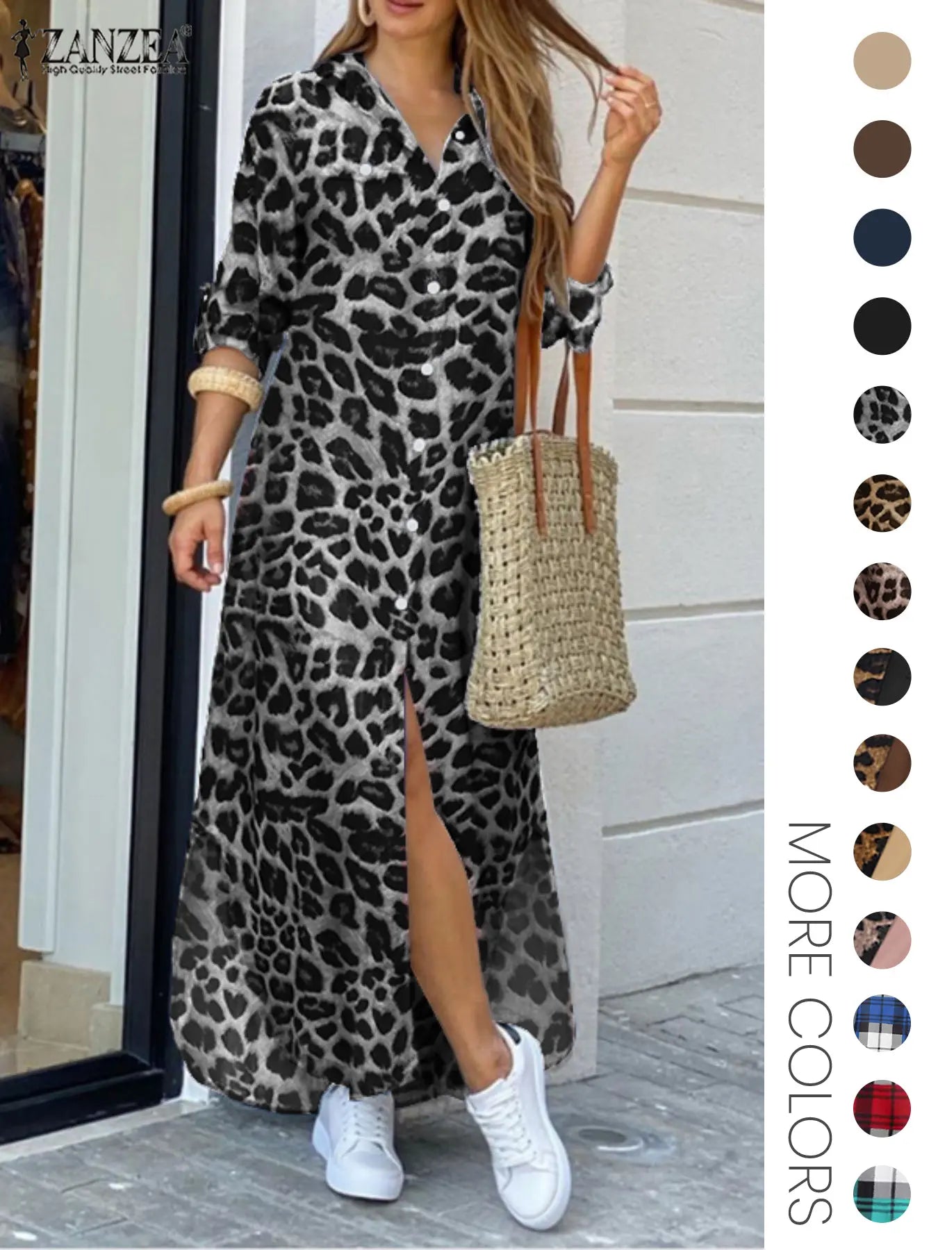 Women's Leopard Print Button Front Flap Pocket Shirt Fabric Dress, Casual Curved Hem Long Sleeve Collared Long Dress for Daily Wear, Ladies' Clothes for All Seasons, Womenswear