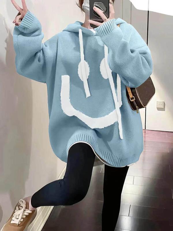 Women's Cartoon Face Print Drop Shoulder Hooded Sweater, Fashion Casual Long Sleeve Drawstring Hooded Sweater for Daily Holiday Outdoor Wear, Women Knitwear for Fall & Winter, Sweaters for Women