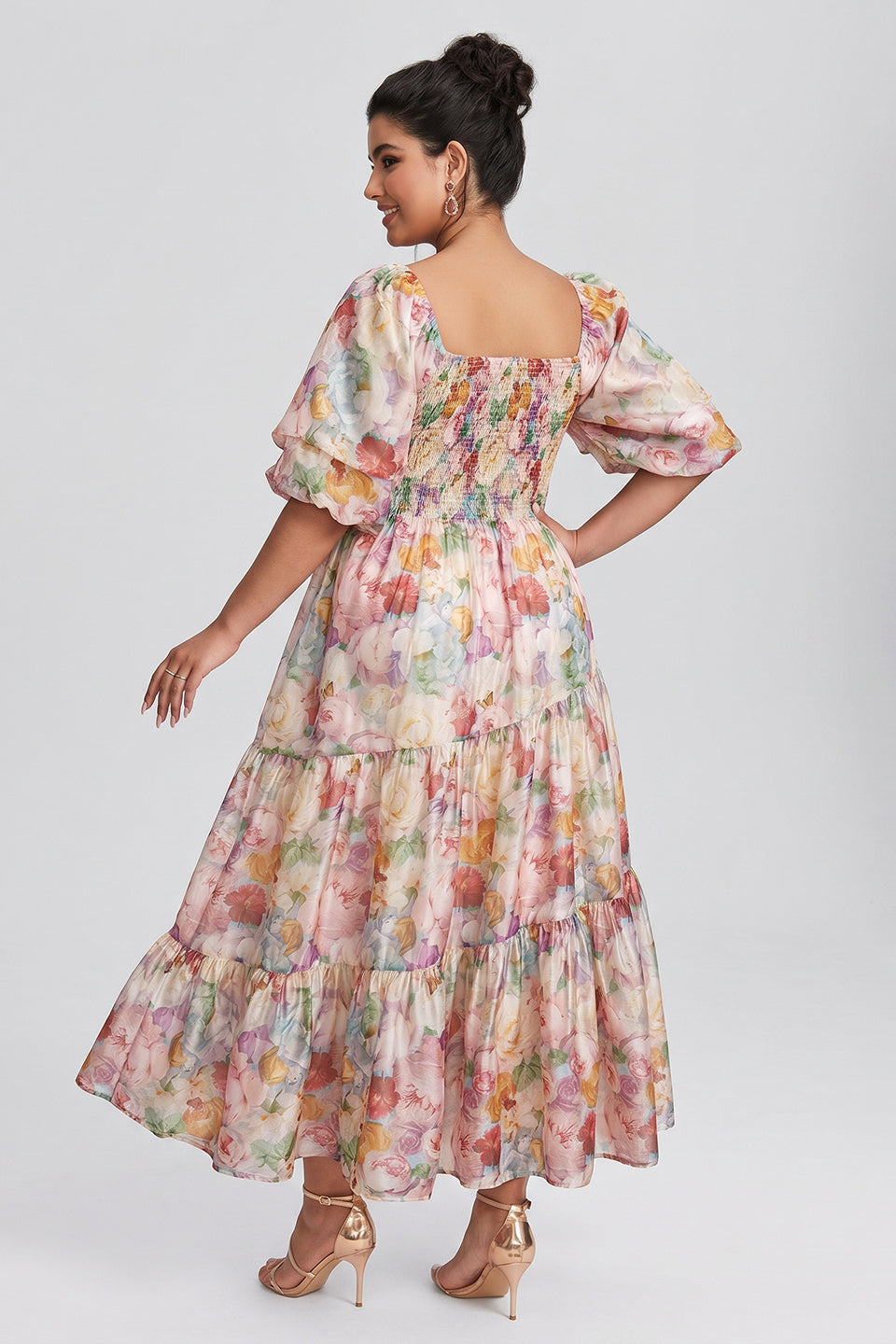 Curveins Plus Size V-Neck Flower Print Pleated Maxi Dress