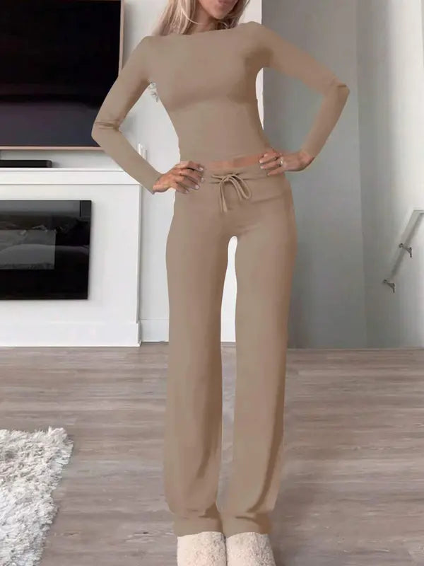 Women's Solid Ruched Drawstring Loungewear Set, Casual Long Sleeve Round Neck Top & Pocket Wide Leg Trousers, Ladies Sleepwear for All Seasons