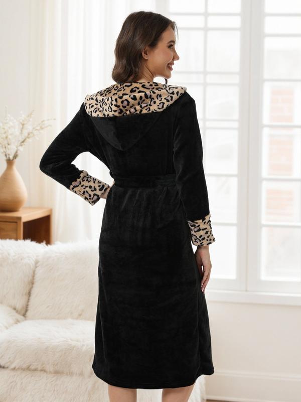 Women's Leopard Print Thermal Lined Bathrobe, Casual Soft Comfortable Long Sleeve Belted Robe, Women's Sleepwear for Fall & Winter