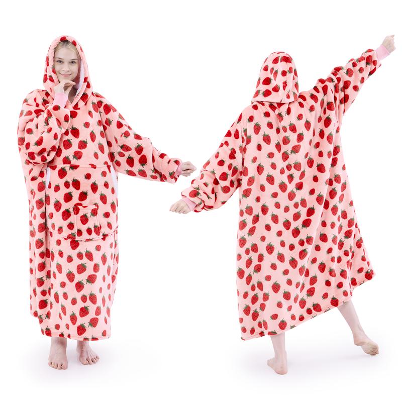 Wearable Blanket Hoodie Oversized Sherpa Fleece Hooded Sweatshirt Blanket with Sleeves,Cozy and Giant Blanket Hoodie Extra Long for Adults Women Winter Gift (Strawberry)