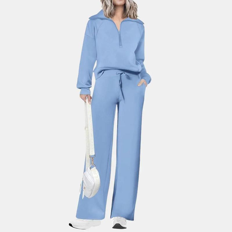 Women's Casual 2-Piece Sweatsuit Set - Half Zip Pullover Sweatshirt & Wide Leg Pants with Drawstring - Matching Tops & Sweatpants for Comfort