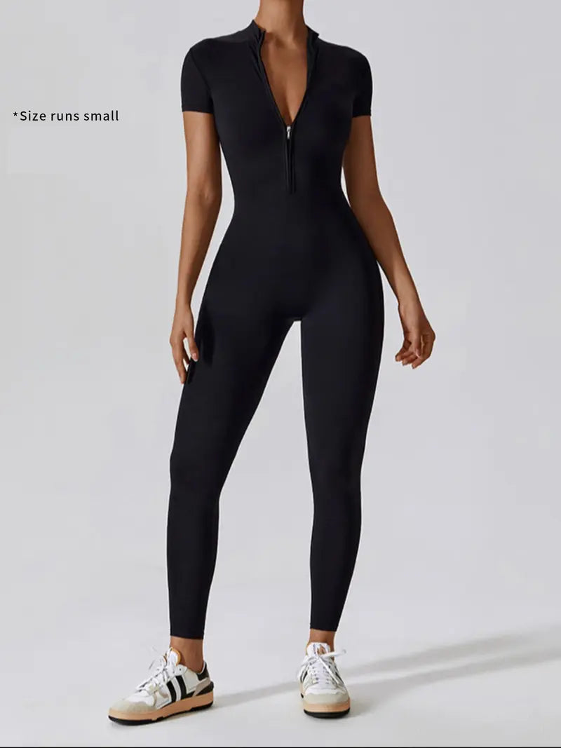 Women's high-neck, sturdy-zip sports jumpsuit