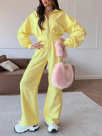 Women's Solid Zip Up Hooded Sweatshirt & Pocket Elastic Waist Pants Two-piece Set, Casual Drop Shoulder Long Sleeve Top & Trousers for Fall & Winter, Women's Clothes for Daily Wear