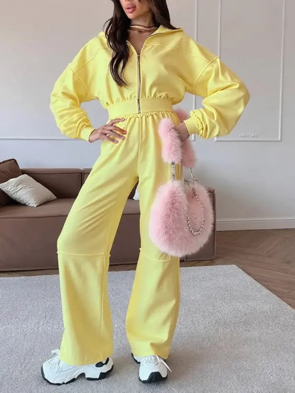 Women's Solid Zip Up Hooded Sweatshirt & Pocket Elastic Waist Pants Two-piece Set, Casual Drop Shoulder Long Sleeve Top & Trousers for Fall & Winter, Women's Clothes for Daily Wear
