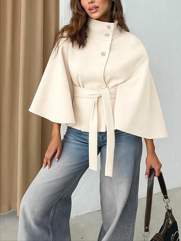 Women's Plain Front Buckle Belted Woolen Cape Coat, Casual Fall & Winter Outerwear, Stylish Daily Wear for Dating, Jackets