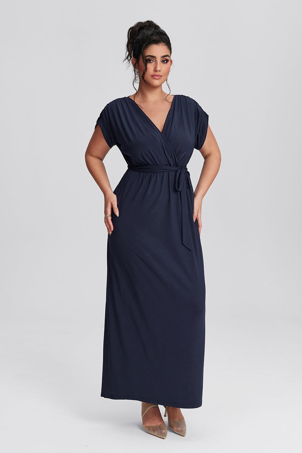Curveins Plus Size Elastic Waist Shirred Black Maxi Dress