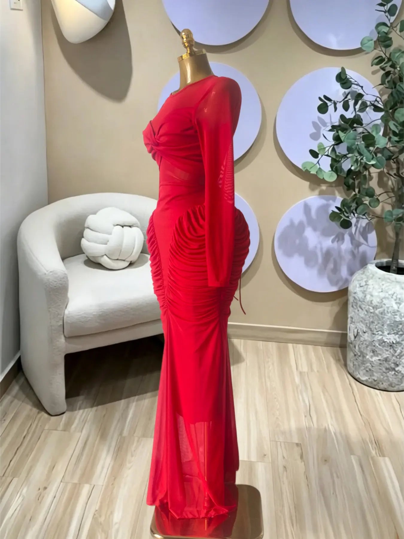 Women's Long Sleeve Patchwork Pleated Tiered Tie Smoked Formal Prom Dress