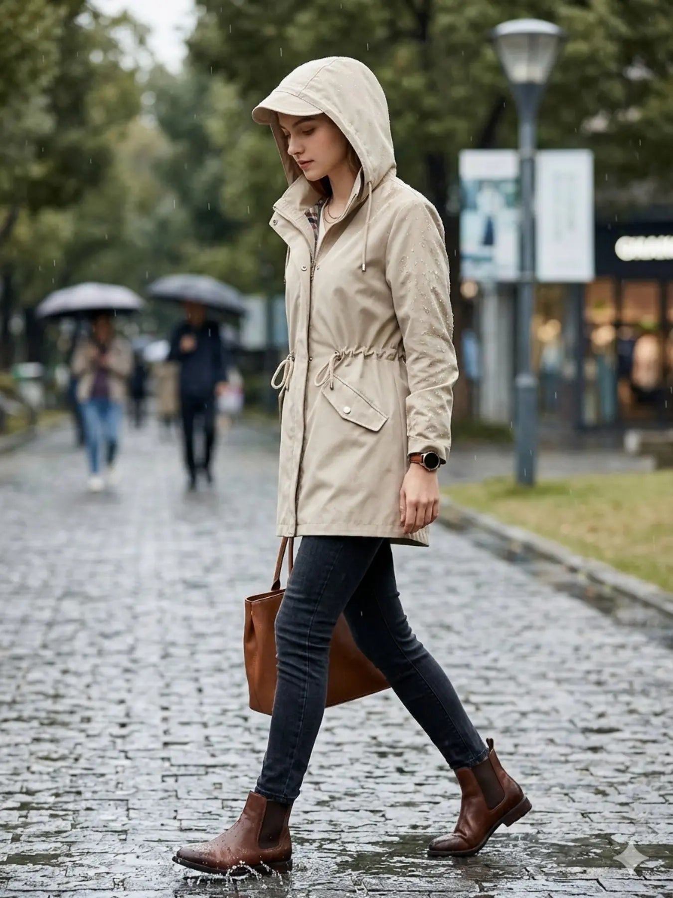 Women's Solid Color Drawstring Zip Up Hooded Trench Coat