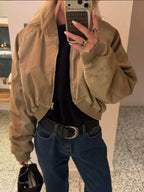 Women's Olive Green Loose Cropped Basic Bomber Jacket, Casual Zipper Coat