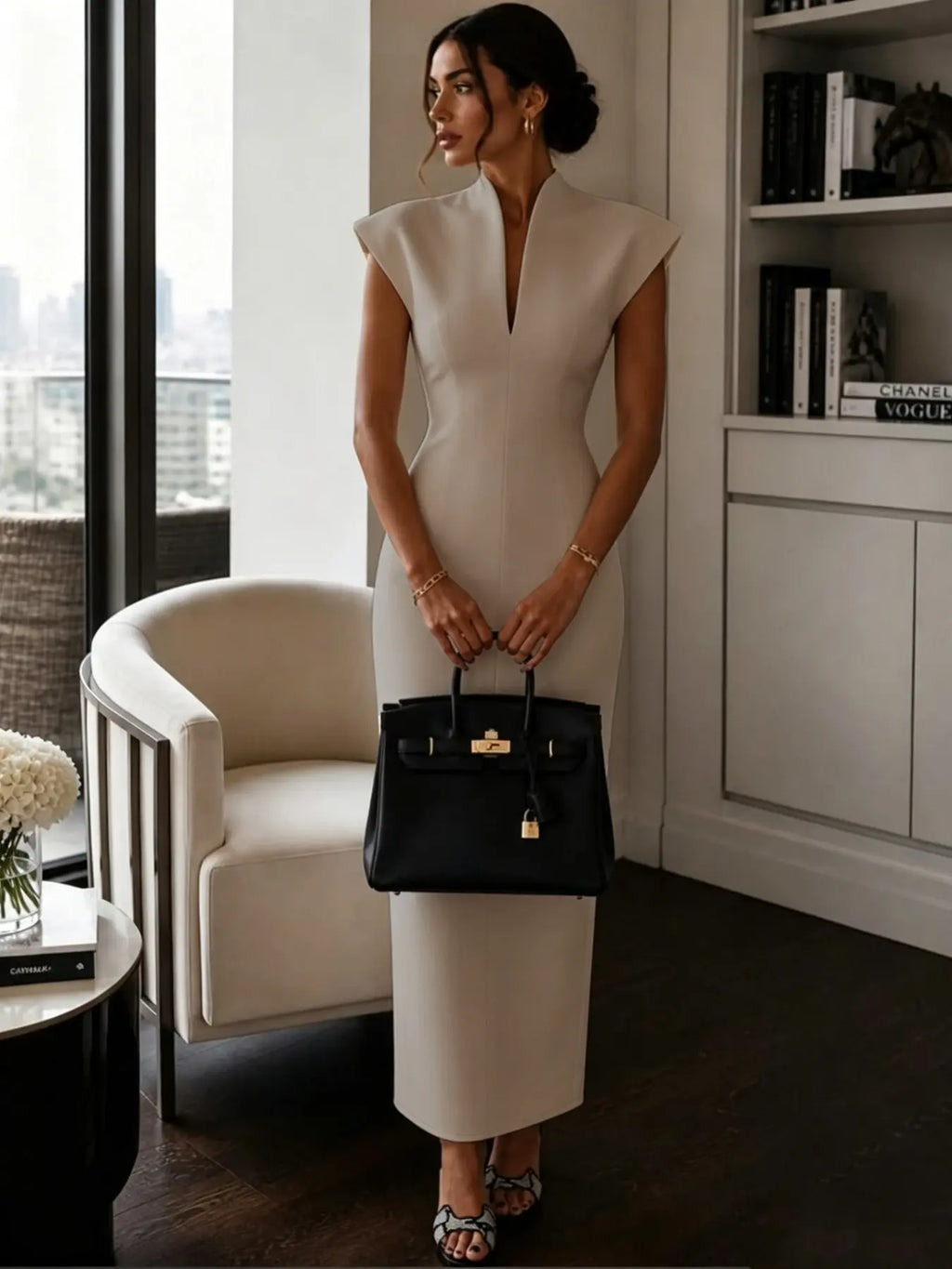 New Stand Collar V Neck Sleeveless High Waist Bodycon Dress