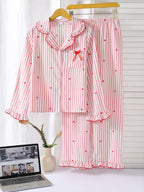 Women's Sleepwear Set Pajamas Breathable Striped Bow Design