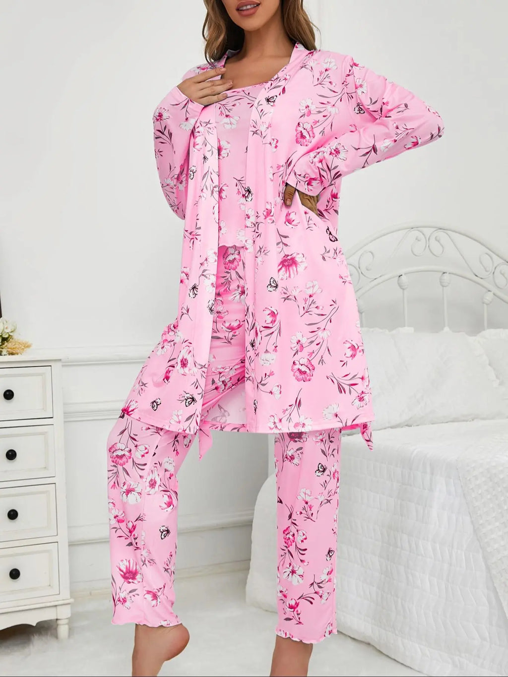 Three-Piece Set Women's Floral Butterfly Print Belted Long Sleeve Lounge Robe & Lettuce Trim Cami Top & Pants Pyjama Set