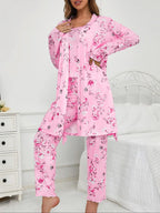 Three-Piece Set Women's Floral Butterfly Print Belted Long Sleeve Lounge Robe & Lettuce Trim Cami Top & Pants Pyjama Set
