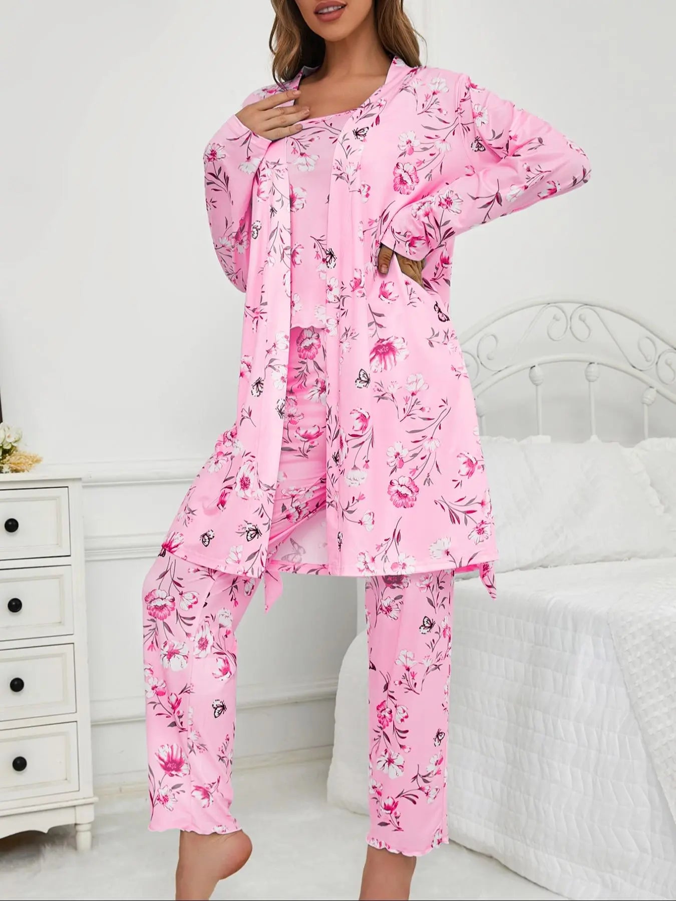 Three-Piece Set Women's Floral Butterfly Print Belted Long Sleeve Lounge Robe & Lettuce Trim Cami Top & Pants Pyjama Set