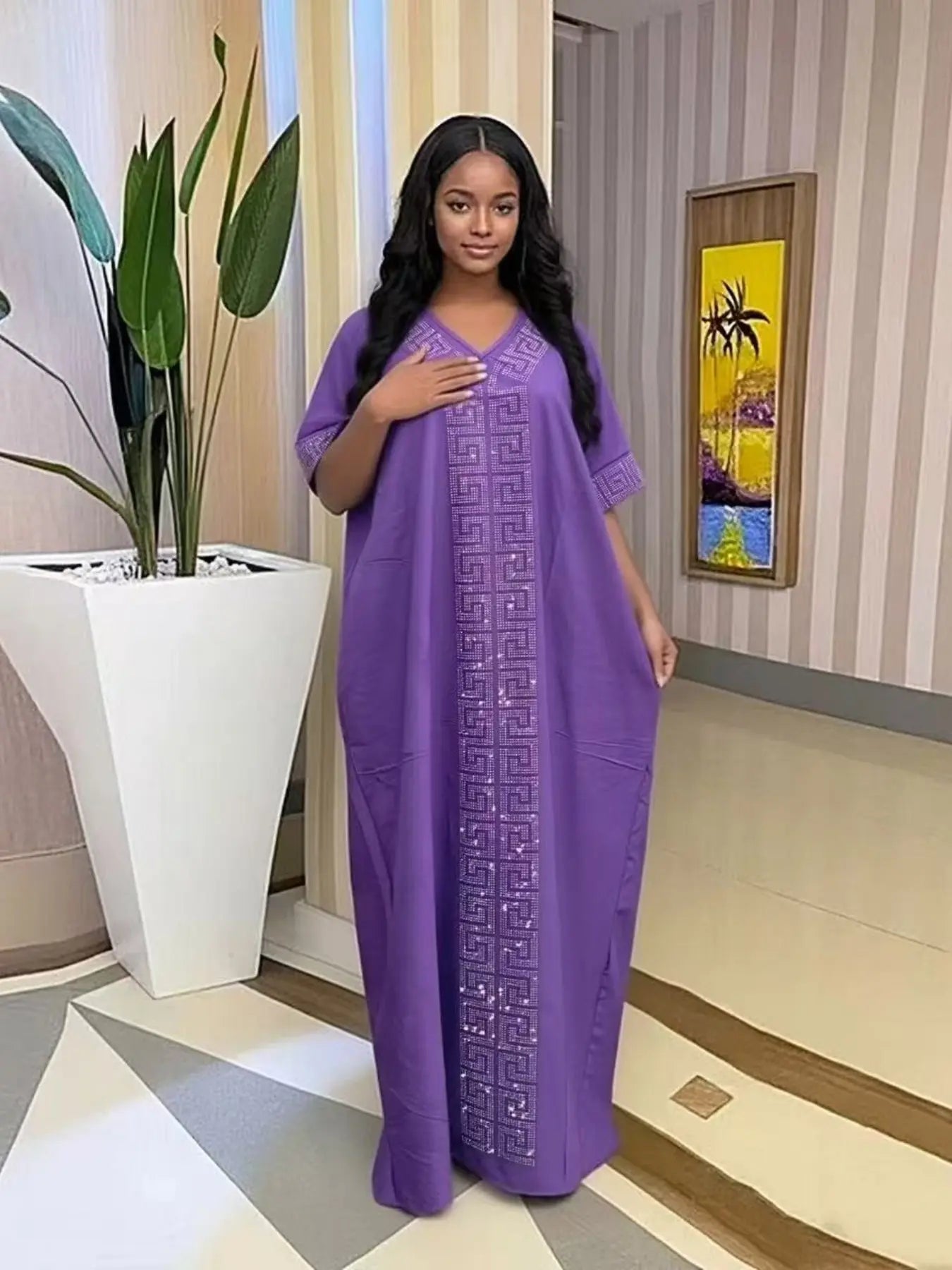 Women's Islamic Clothing Rhinestone Loose Boubou Kaftan Dress