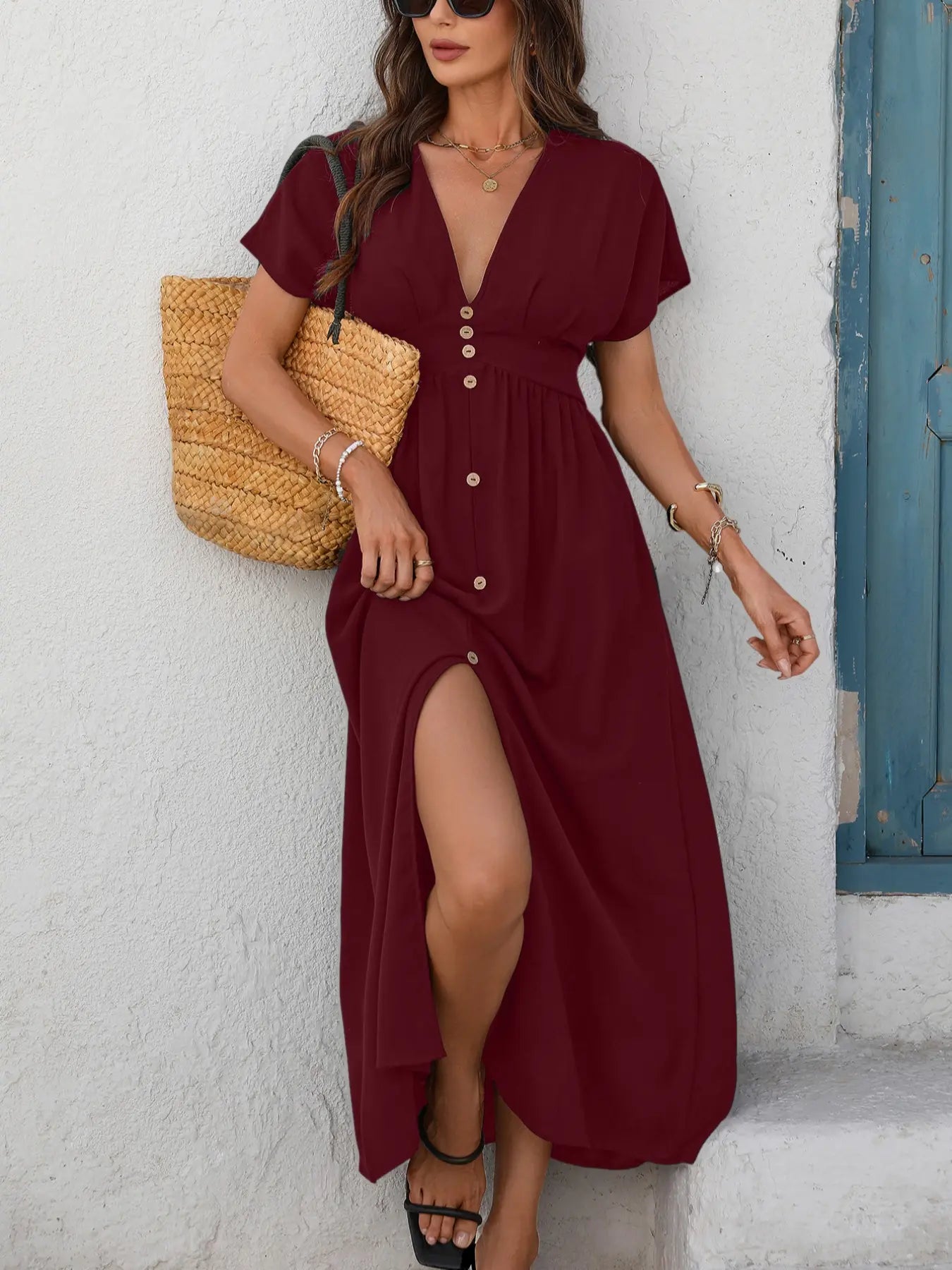 Women's Plain Button Front Short Sleeve Dress, Elegant Piece, Chic Dress for Party Holiday Wedding Guest, Ladies Summer Clothes Womenswear