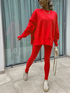 Women's Solid Drop Shoulder Split Hem Sweatshirt & Pants Two-piece Set