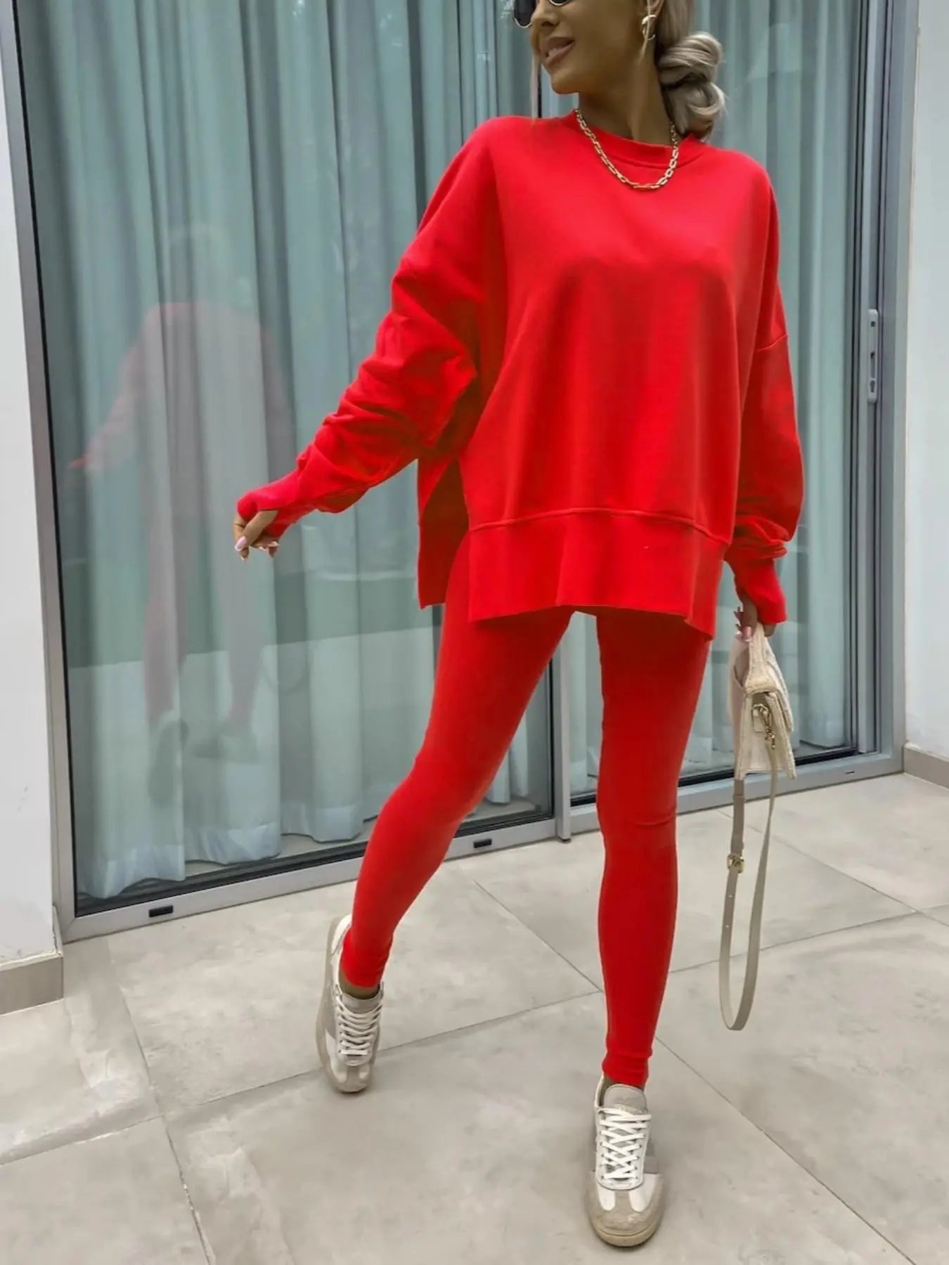 Women's Solid Drop Shoulder Split Hem Sweatshirt & Pants Two-piece Set