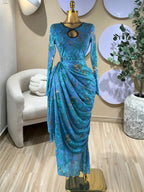Elegant Women's Striped Pleated Long Sleeve Bodycon Maxi Prom Dress