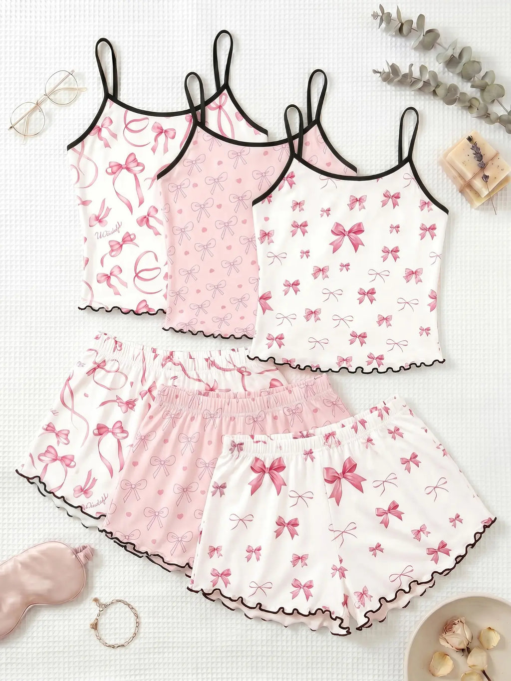 3-Piece Combo,Cherry Print Halter Short Pajamas Set