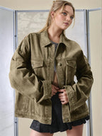 Women's Plain Basic Button-Front Drop-Shoulder Fitted Denim Jacket Coats