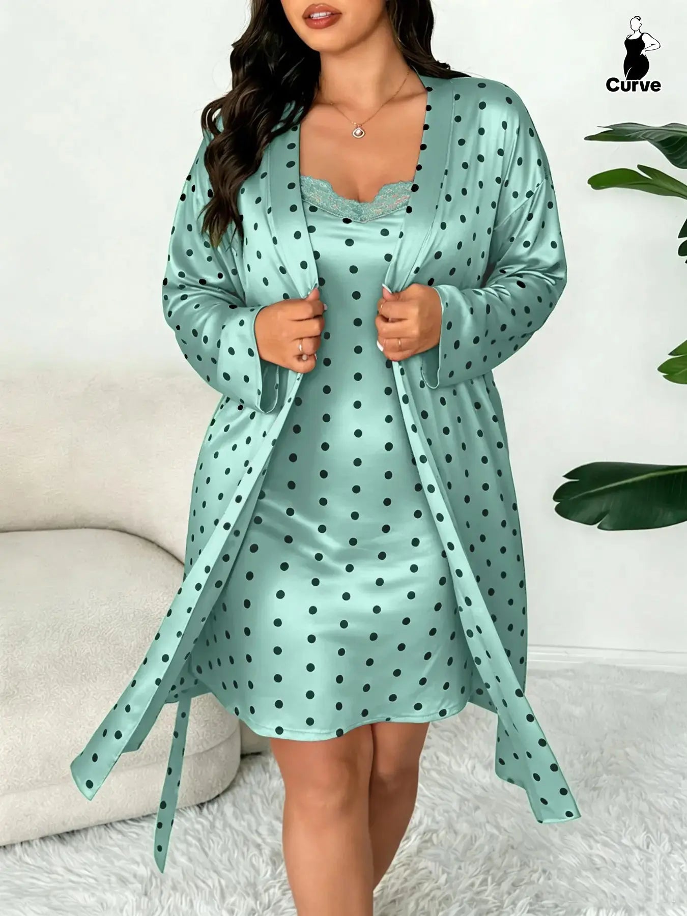 Plus Size Women's Nightwear Set, Floral Print Lace Nightdress + Long Robe
