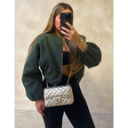 Women's Bomber Jacket Ladies Long Balloon Puff Sleeve Zipper Jacket Top Long Sleeve Cropped