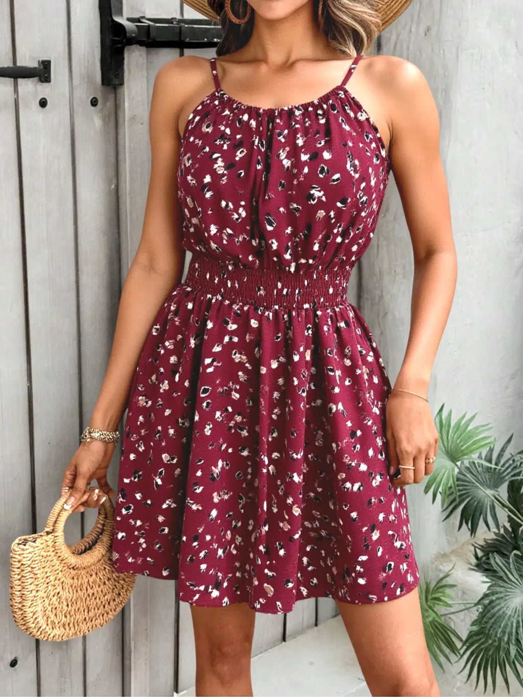 Women's All Over Print Halter Neck Dress, Boho Fashion Casual Sleeveless Short Dress for Beach Holiday Vacation, Ladies Summer Clothes