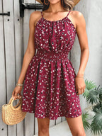 Women's All Over Print Halter Neck Dress, Boho Fashion Casual Sleeveless Short Dress for Beach Holiday Vacation, Ladies Summer Clothes