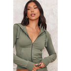 Sea green zip-up slim-fit sportswear set, two-piece set including top and trousers.