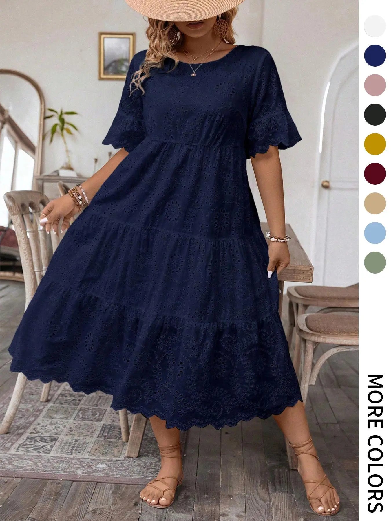 【Plus Size】 Solid Eyelet Embroidery Dress, Boho-Style Round-Neck Dress for Vacation and Everyday Wear – Women's Summer Clothing