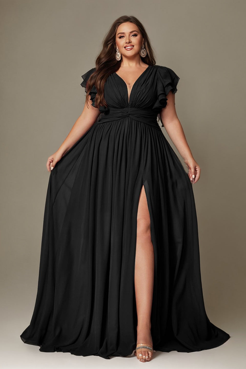 Curveins Plus Size V-Neck Ruffle Sleeve Split A-Line Maxi Dress