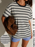 Women's Classic Casual Striped Long Sleeve Spring Fall Round Neck Fitted Top