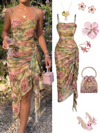 Women's Floral Print Ruched Asymmetrical Hem Dress