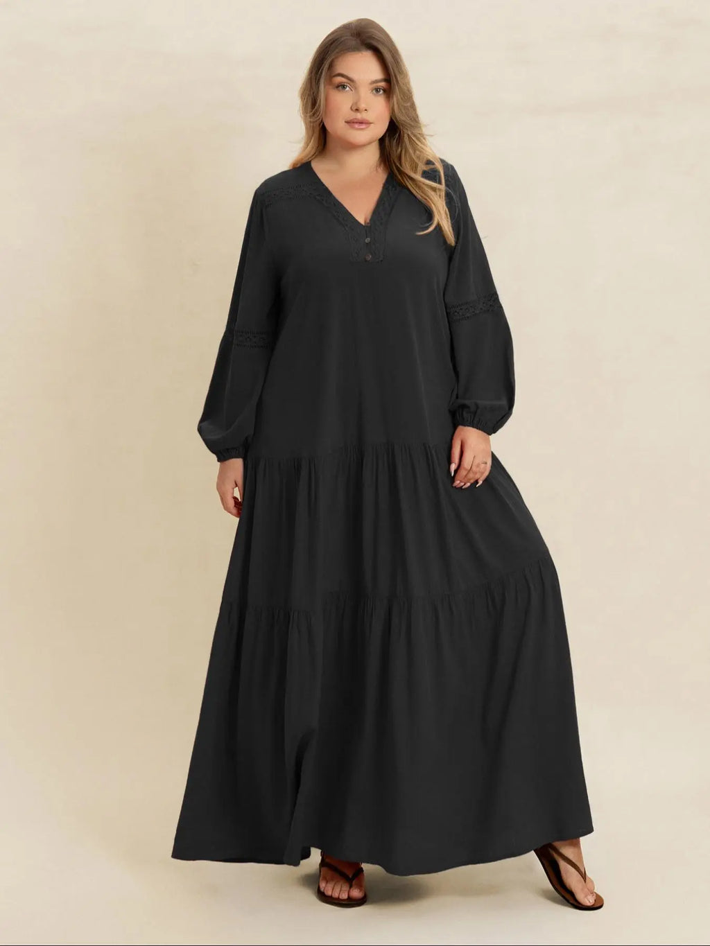 【Plus Size】 Plain V-Neck Long Sleeve Maxi Dress, Boho Modest Dress for Daily Holiday Vacation Wear, Women's Plus-Size Clothing for All Seasons