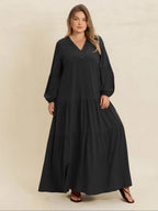 【Plus Size】 Plain V-Neck Long Sleeve Maxi Dress, Boho Modest Dress for Daily Holiday Vacation Wear, Women's Plus-Size Clothing for All Seasons
