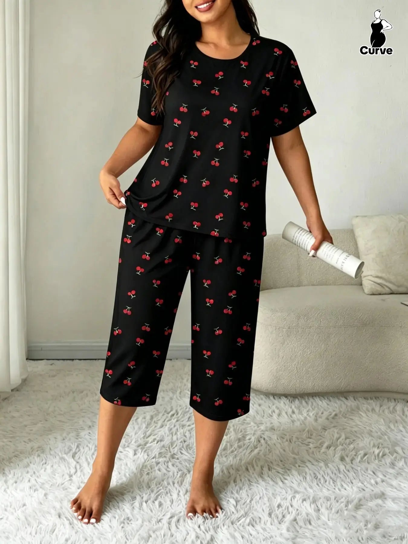Plus-Size Women's Cherry Print Round Neck Short Sleeve Top and Capri Pants Set