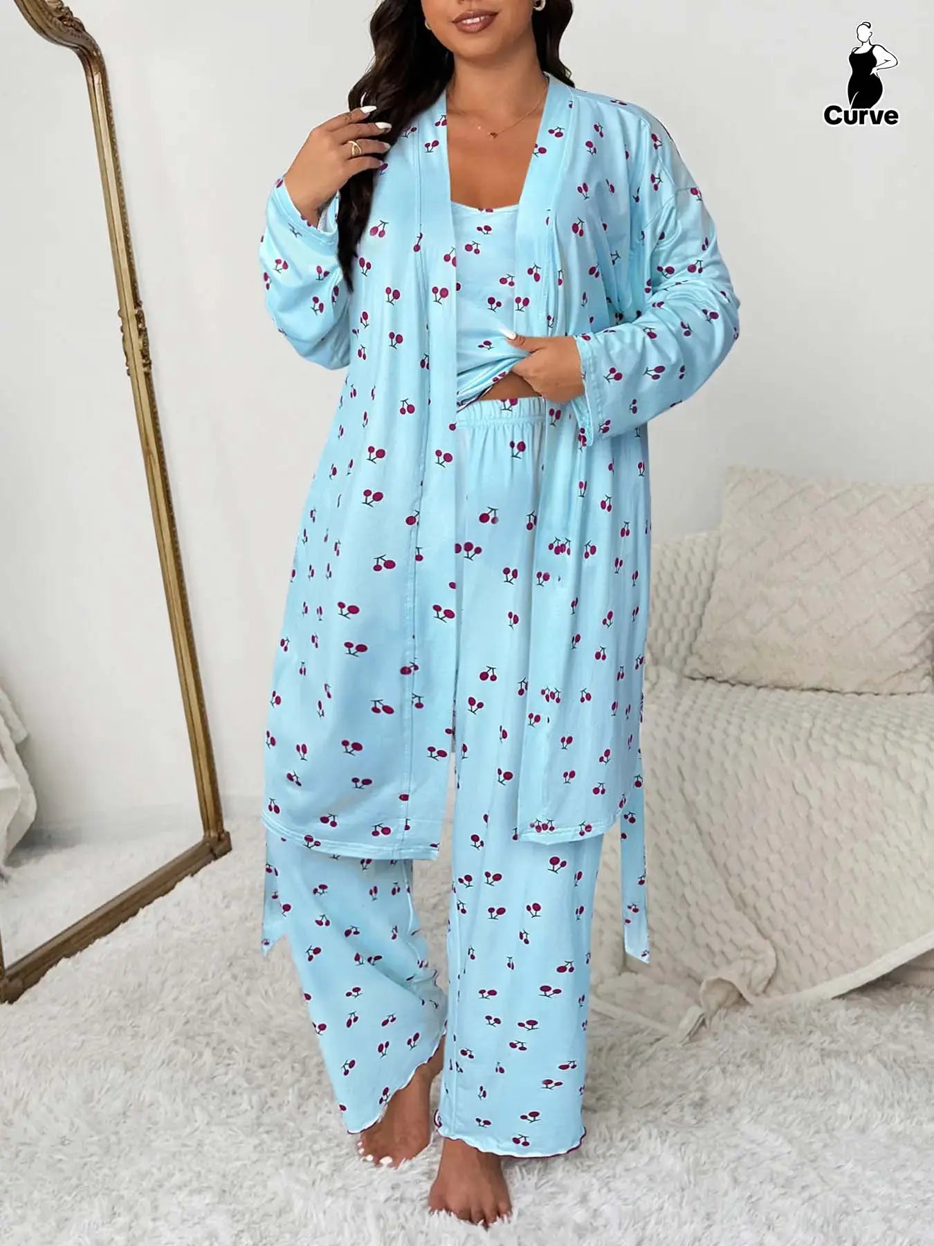 Plus Size Cherry Print Women's Sweet Comfortable Belted Robe & Sleeveless Long Pants & Cami Set