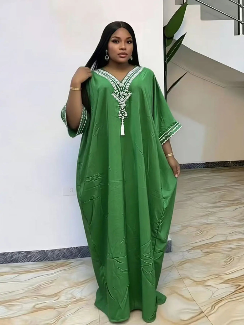 Women's Summer Solid Color Embroidered Fringe Caftan Casual Wear Dress with Pockets and Side Slit