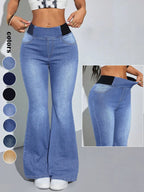 Y2K 2026 Women's Back Shirred Jeans,Mid-Rise Elasticity Waist Flared Jeans,With Pockets,Light Blue Washing Process,Women's Bell-Bottoms Wide-Leg Jeans,Waist - Cinching Design