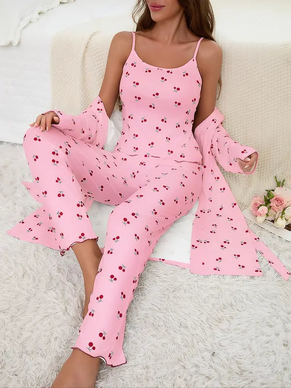 Cherry Print Women's Nightgown Set + Strap Pants