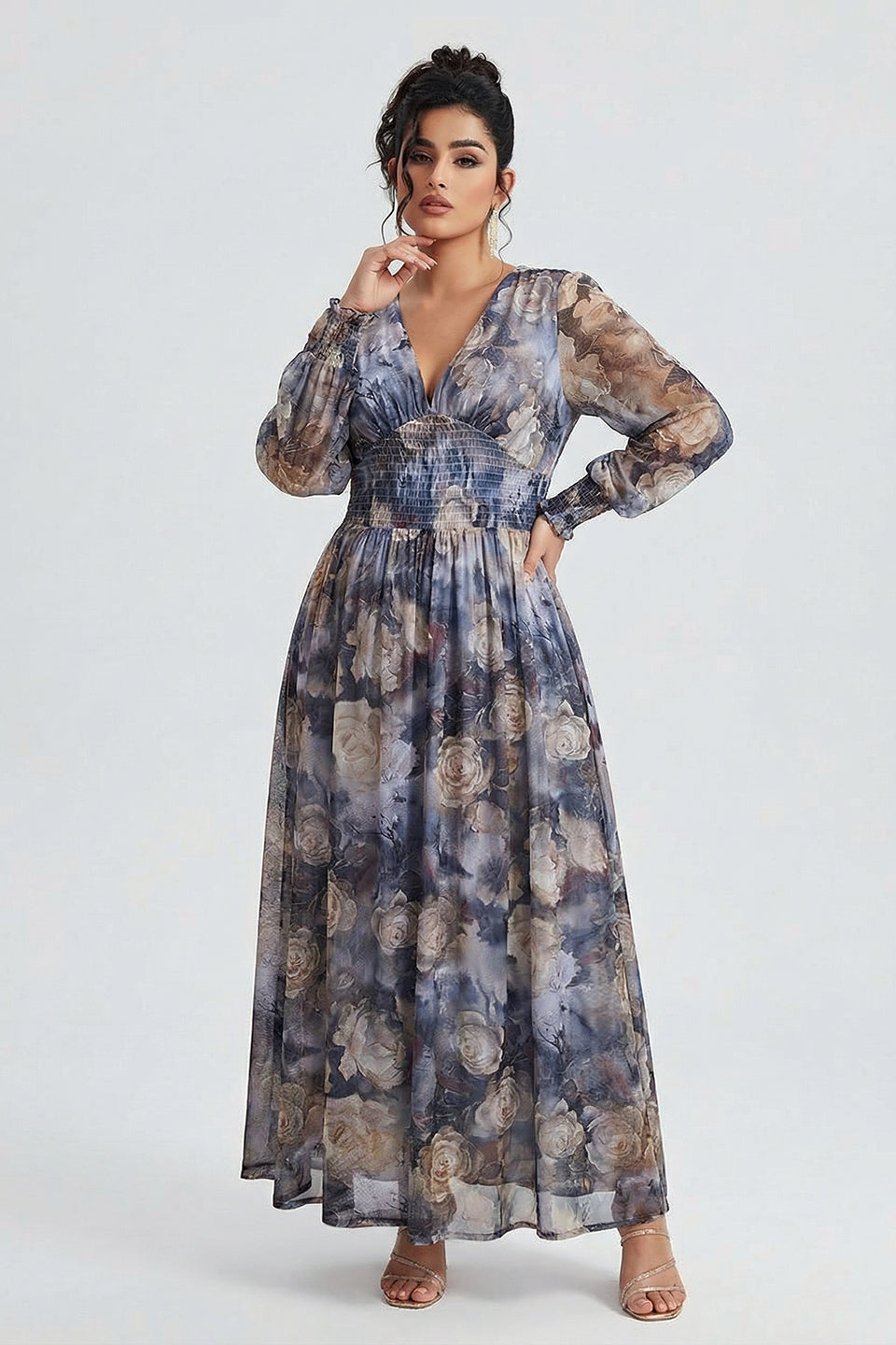 Curveins Plus Size V Neck Long Sleeve Floral Waist Maxi Dress